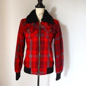 FOX Riders Co Buffalo Plaid Faux Fur Lining Collar Boomber Moto Jacket Zip Red